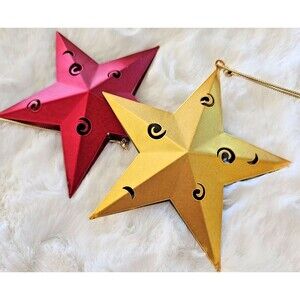 Pair of Metallic Star Christmas Tree Ornaments Swirl & Crescent Moon Pattern